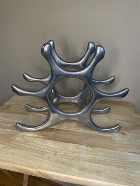Vintage MCM Cast Aluminum Wine Rack Sculptural 6 Bottle Holder Silver